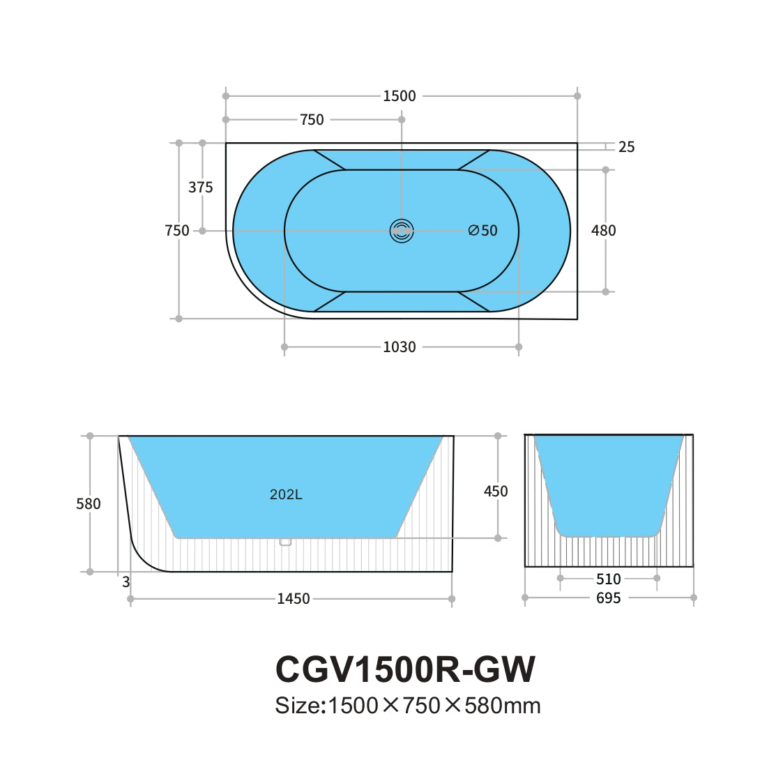 CGV1500R-MB Capri Matte Black Right Corner Oval Fluted Free Standing Bathtub