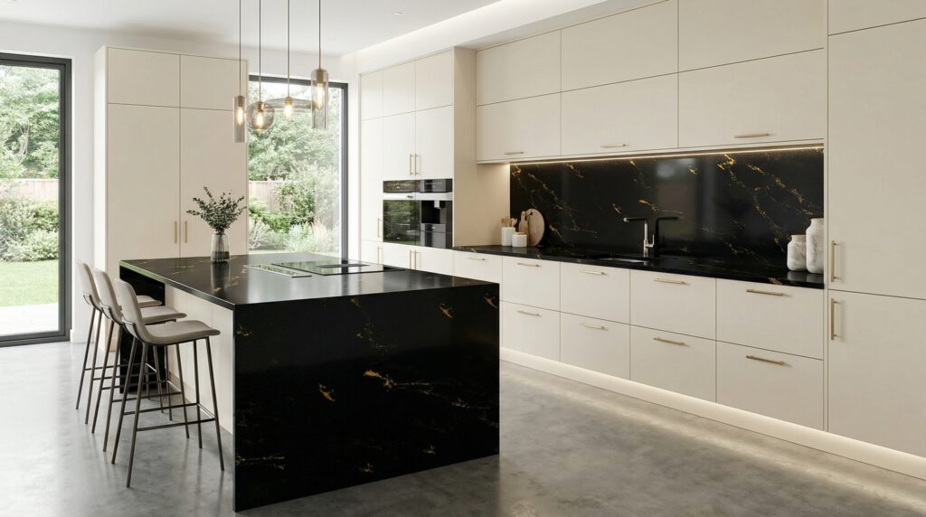 9015G ZERO SILICA Black with golden veining Rectangular Engineered Stone