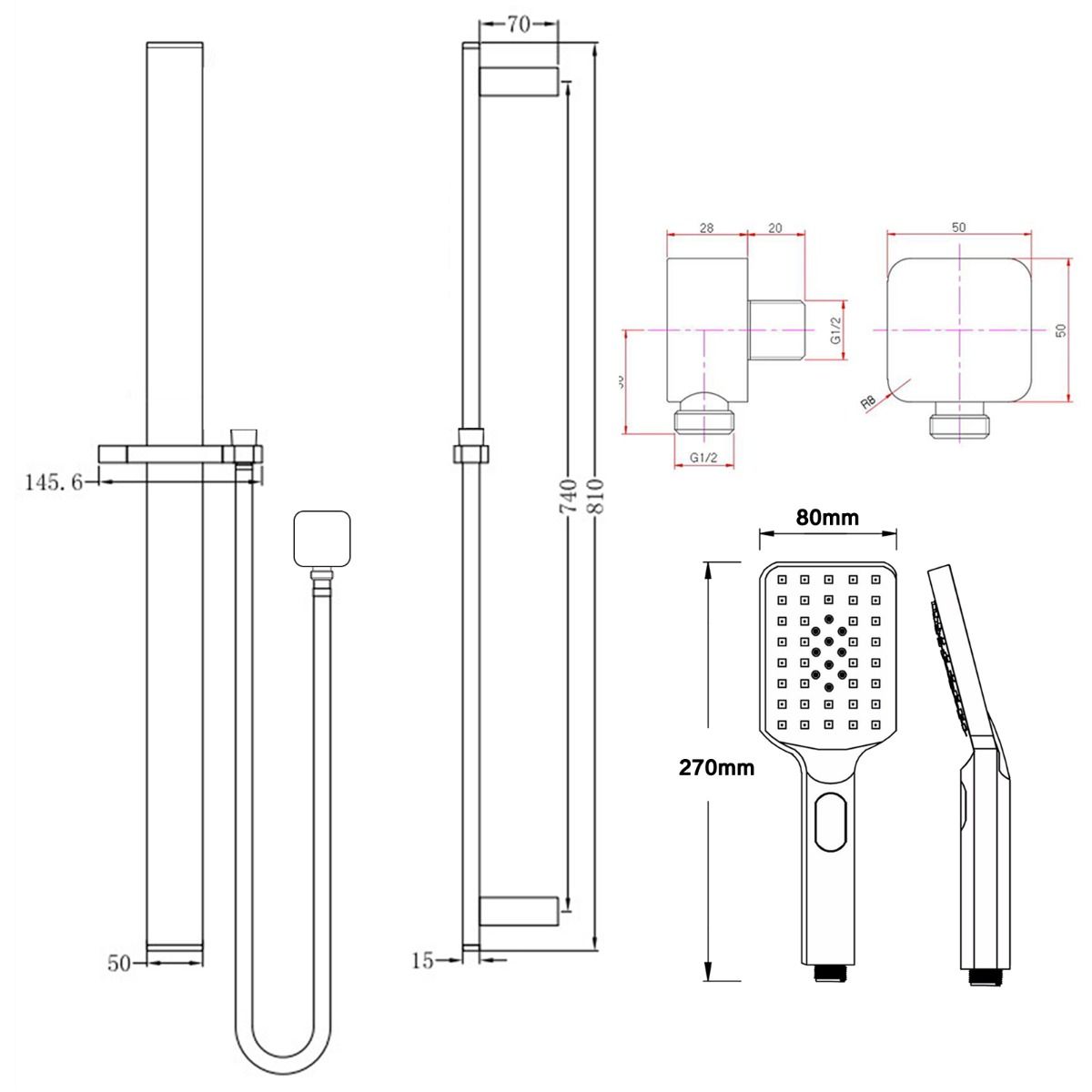 BU2149.SH.N + BU-S8.HHS Brushed Nickel Nickel Square Wall Mounted Shower Rail Set