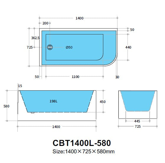 CBT1400L-580 Casey Gloss White Corner Back to Wall, Corner Bathtub