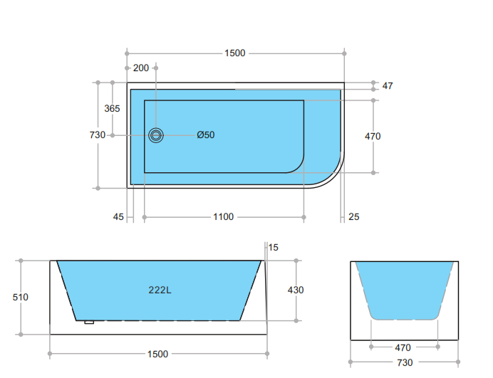 CBT1500L-510 Gloss White Back to Wall, Corner Bathtub