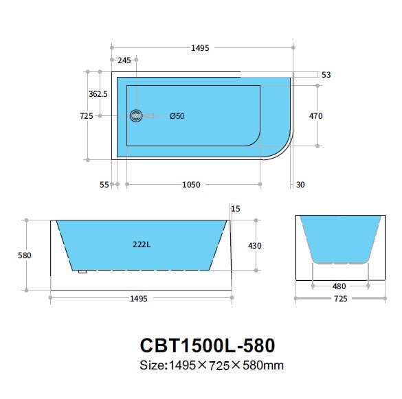 CBT1500LMW-580 Casey Matte White Right corner Back to Wall, Corner Bathtub