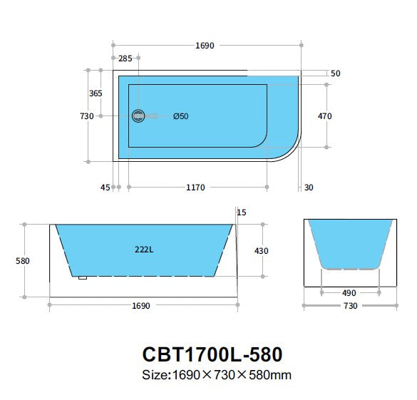 CBT1700LMW-580 Casey Matte White Corner Back to Wall, Corner Bathtub