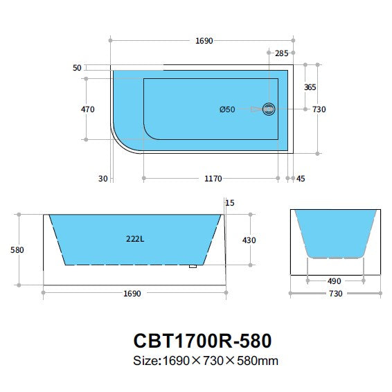 CBT1700R-580 Casey Gloss White Back to Wall, Corner Bathtub
