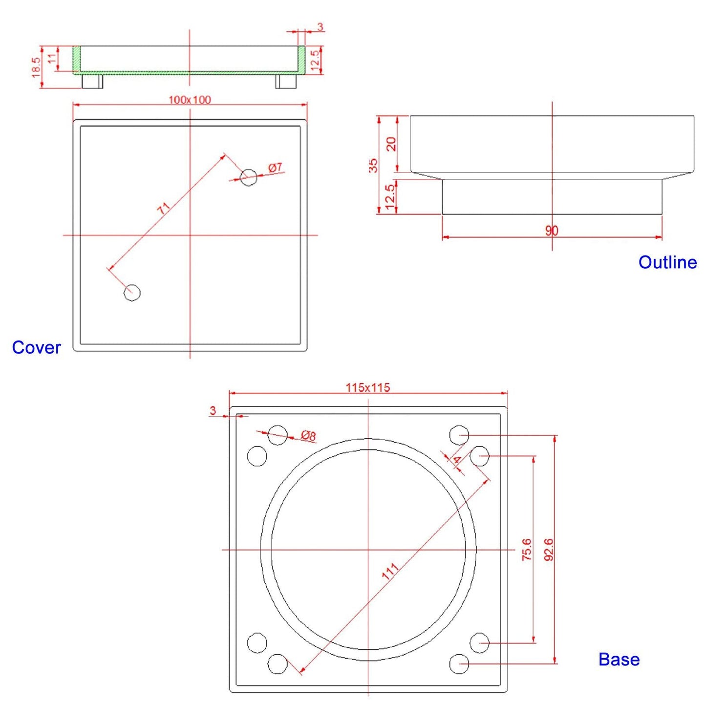 CH002.FD Chrome, Polished Chrome Square Floor-mounted Floor Waste