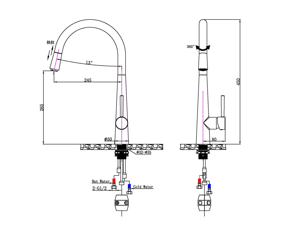 CH1021.KM Chrome, Polished Chrome Round Above Counter Kitchen Mixer