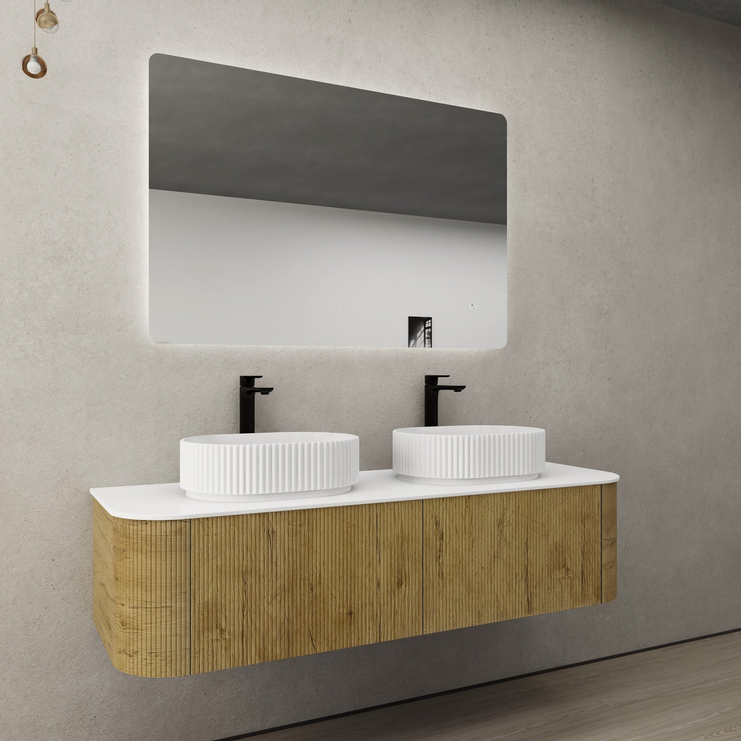 KC155W-PO Bronte Woodgrain thermolaminated V-Groove Prime Oak Wall Mounted Vanity