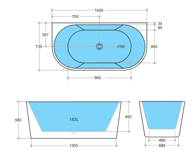 MBBT-10-1400 Matte Black and White Oval Back to Wall Bathtub