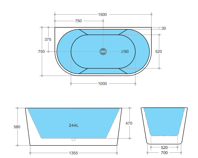 MBBT-10-1500 Elivia Matte Black and White Rectangular Back to Wall Bathtub