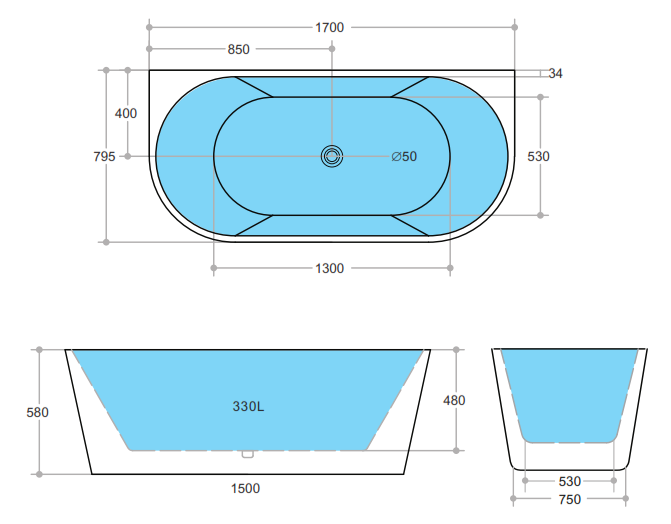 MBBT-10-1700 Matte White and Black Back to Wall Bathtub