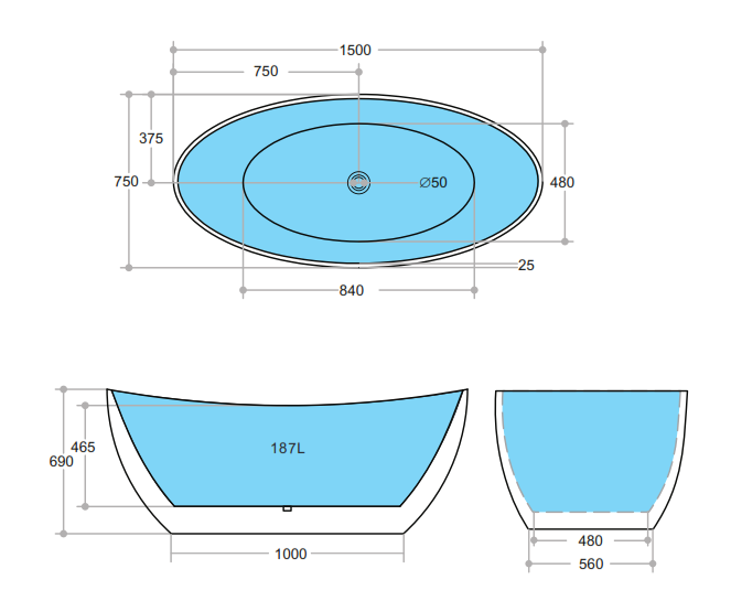 MBBT-4-1500 Matte White and Black Oval Free Standing Bathtub