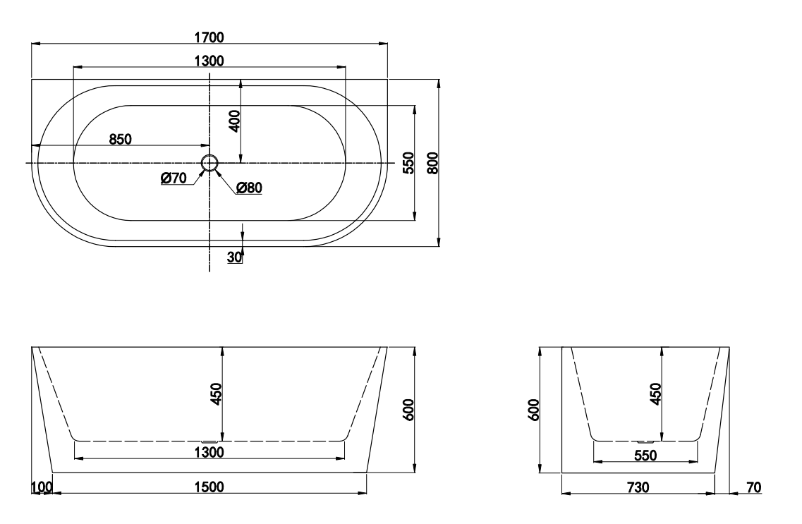 NAV-BTW1700MW Matte White D-Shape Back to Wall Bathtub