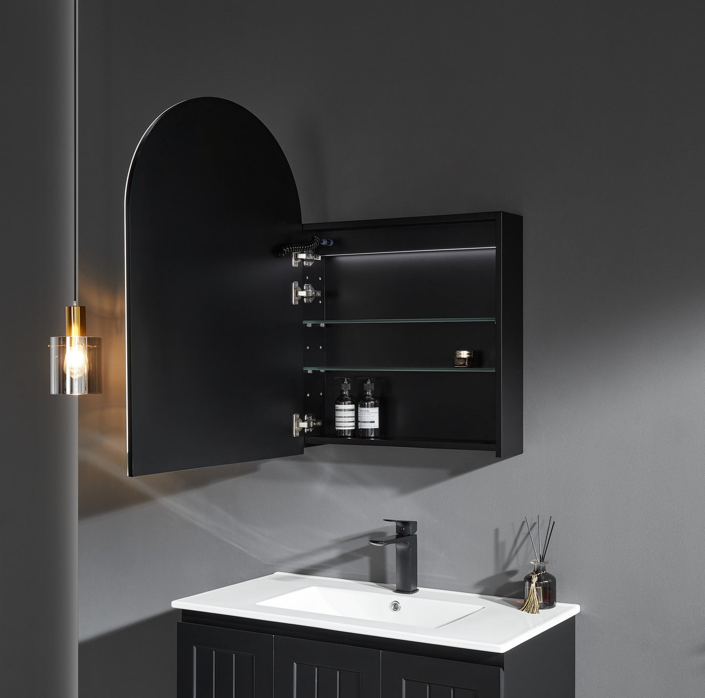 OARSV6090MB-LED Olivia Matte Black Arched Wall Mounted Mirror Cabinet