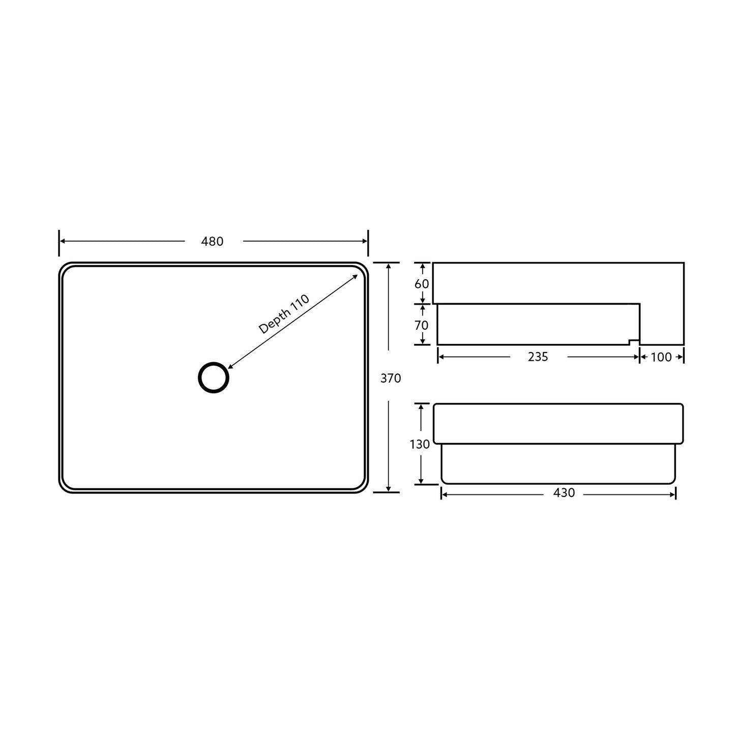 PSR4837NTH Gloss White Rectangular Semi-recessed Basin