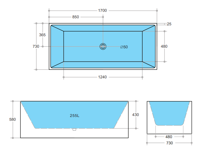 THBT1700-NF Theo Gloss White Rectangular Back to Wall Bathtub