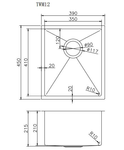 TWM12G Brushed Silver Rectangular Top/Undermount/Flush mount Sink