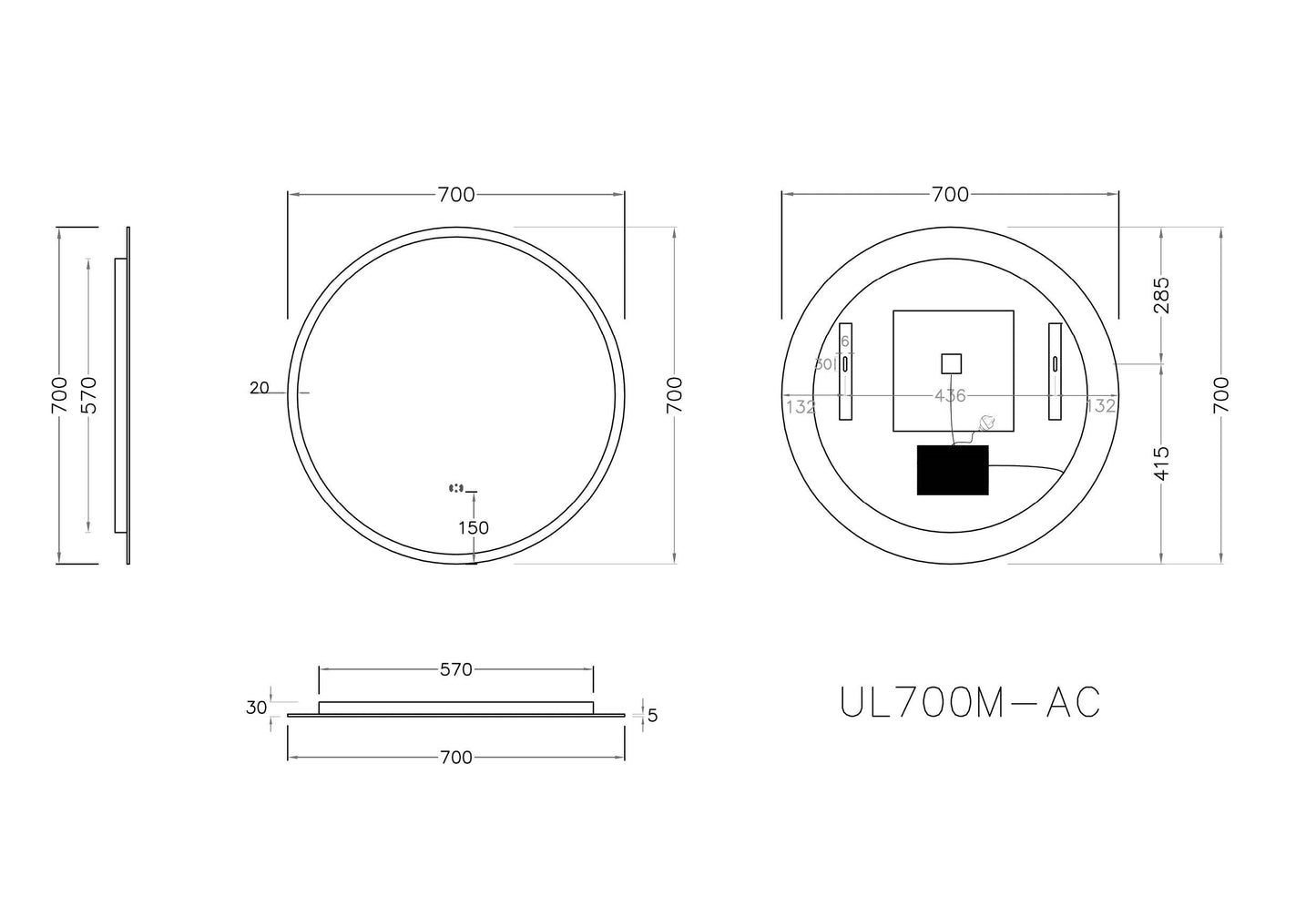 UL700BM-AC Luna Round Wall Mounted Mirror
