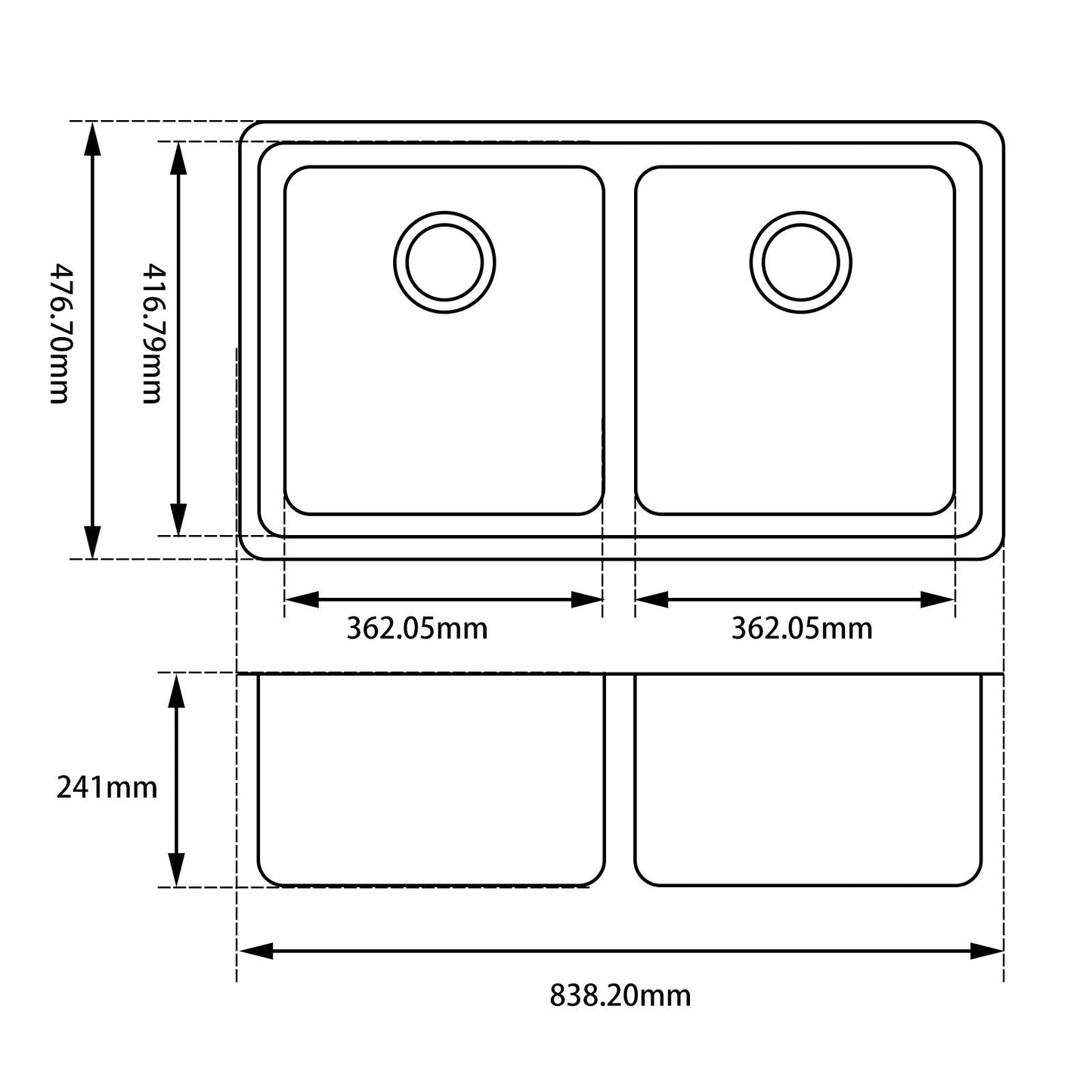 WH8347.KS Premium Arete Granite Matte White Undermount Sink 838 × 476 × 241 mm