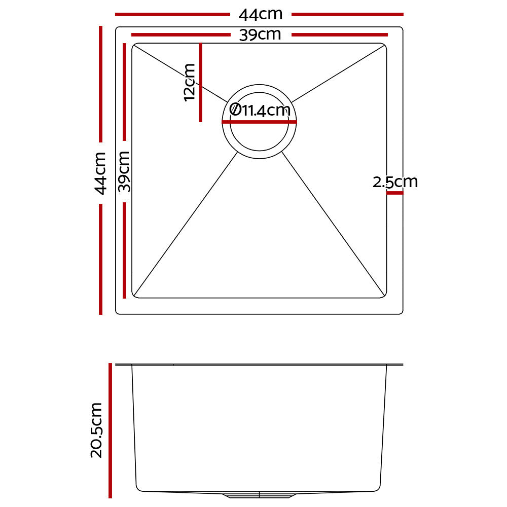 SINK-4444-R010 Satin coated Silver Square with R10 rounded corners Under Mount, Flush Mount, Drop In Mount Kitchen Sink