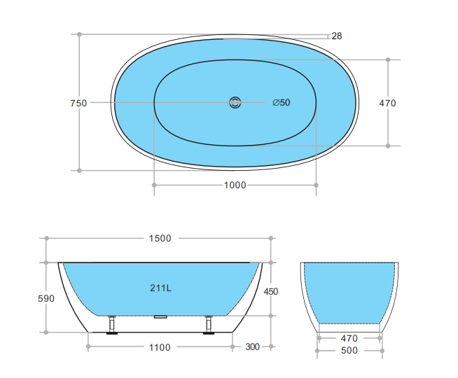 MBBT-5-1500 Matte White and Black Oval Free Standing Bathtub