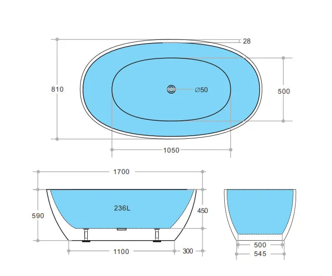 STBT1700MB Stella Matte Black Oval Free Standing Bathtub