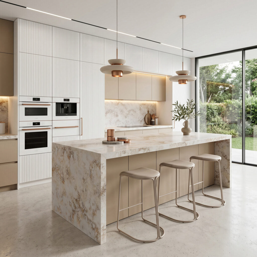 GD12 ZERO SILICA Soft whites with subtle warm veining and delicate earthy accents Rectangular Engineered Stone