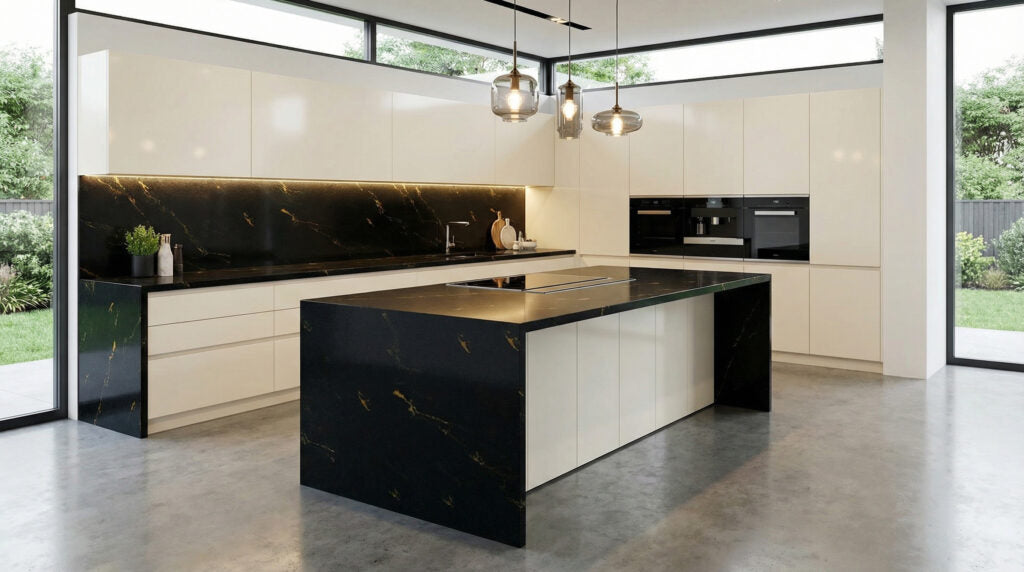 9015G ZERO SILICA Black with golden veining Rectangular Engineered Stone
