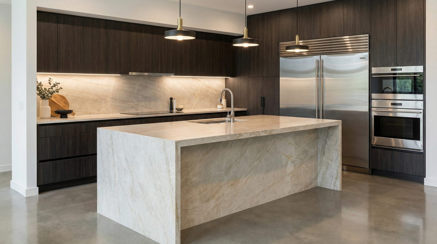 GM31 ZERO SILICA Ivory with blush and beige veining Rectangular Engineered Stone