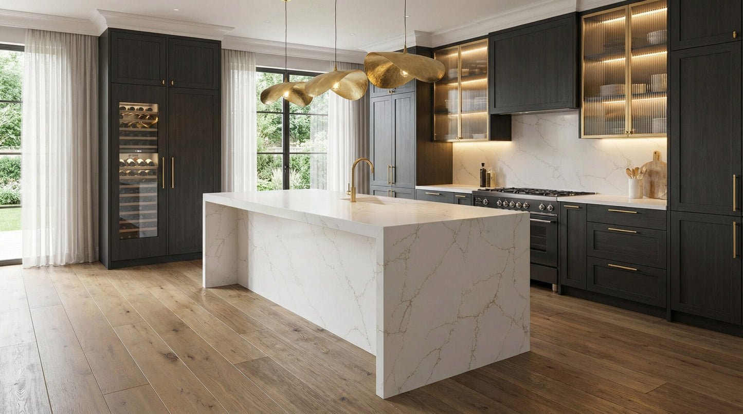 GH30 ZERO SILICA White with soft gray and refined gold veining Rectangular Engineered Stone