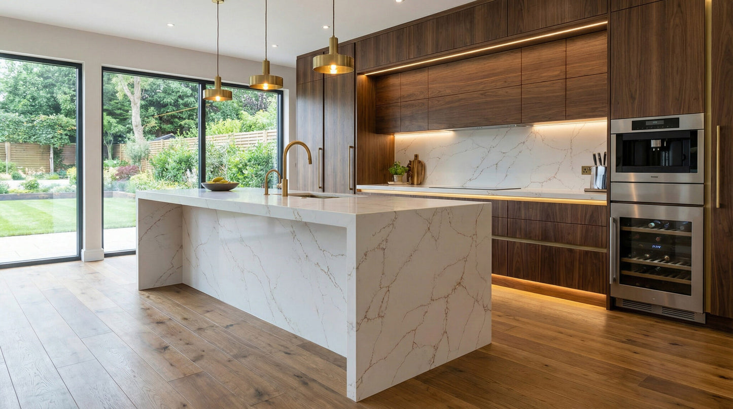 GH30 ZERO SILICA White with soft gray and refined gold veining Rectangular Engineered Stone