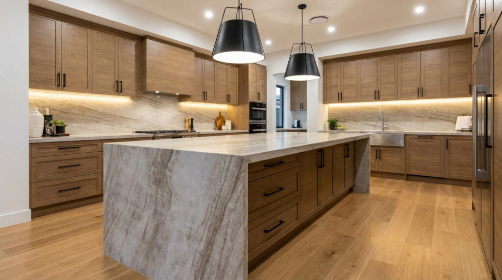 KY066 ZERO SILICA Ivory, Taupe, Gold Rectangular Engineered Stone