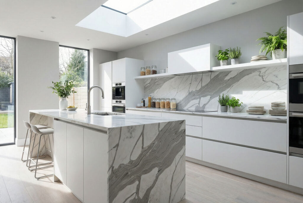 Q9007 ZERO SILICA White with Brown Veins Rectangular Engineered Stone