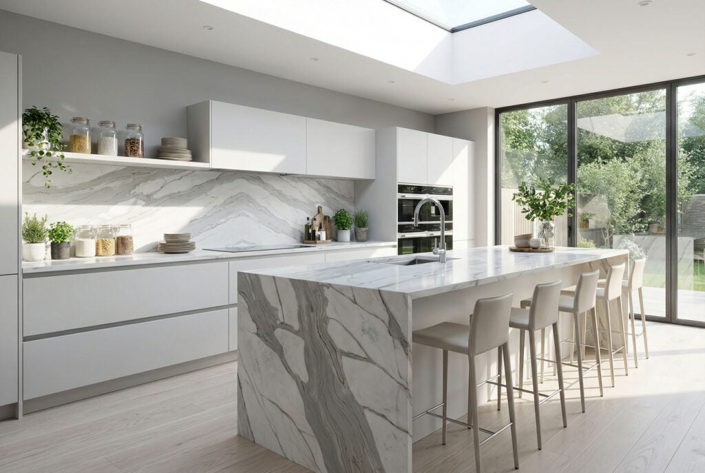 Q9007 ZERO SILICA White with Brown Veins Rectangular Engineered Stone
