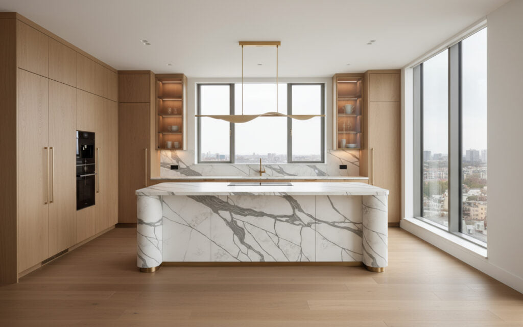 Q9007 ZERO SILICA White with Brown Veins Rectangular Engineered Stone