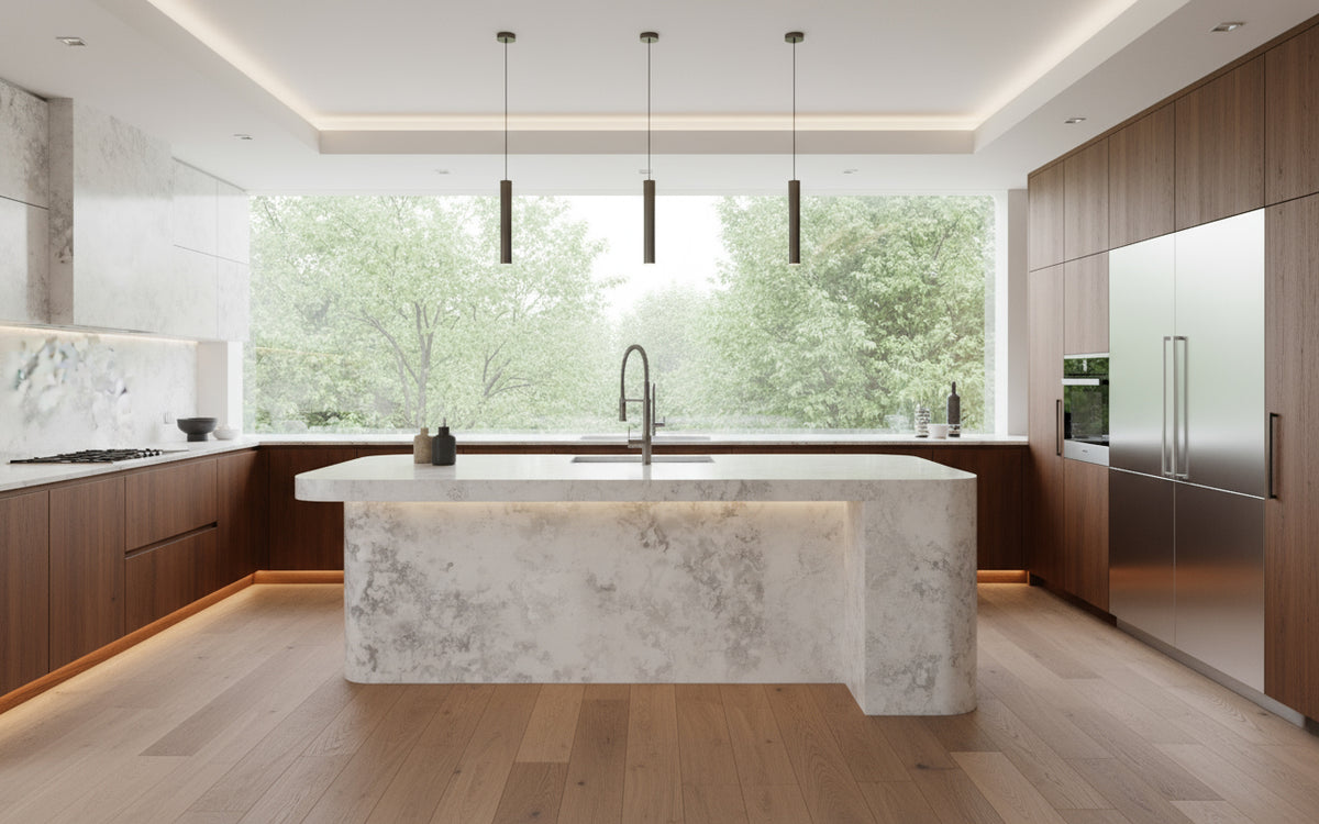 FT001 Luxe Plus The Babylon Sky  soft blend of subtle gray veining Zero Silica Stone 3200 X 1600 X 20mm