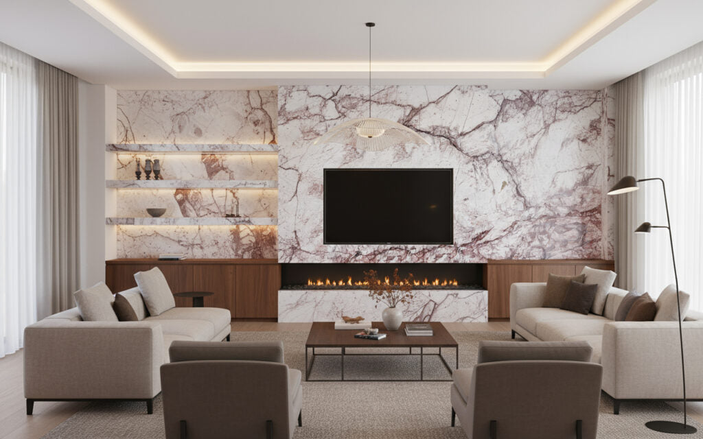 Fancy Macaubus Natural Stone Light beige, creamy, soft ivory base with deep wine, burgundy, and earthy-toned veins Rectangular Natural Stone
