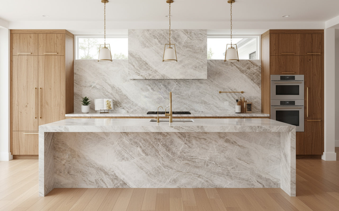 Taj Mahal Natural Stone Creamy White with Brown Taupe Veining Rectangular Natural Stone
