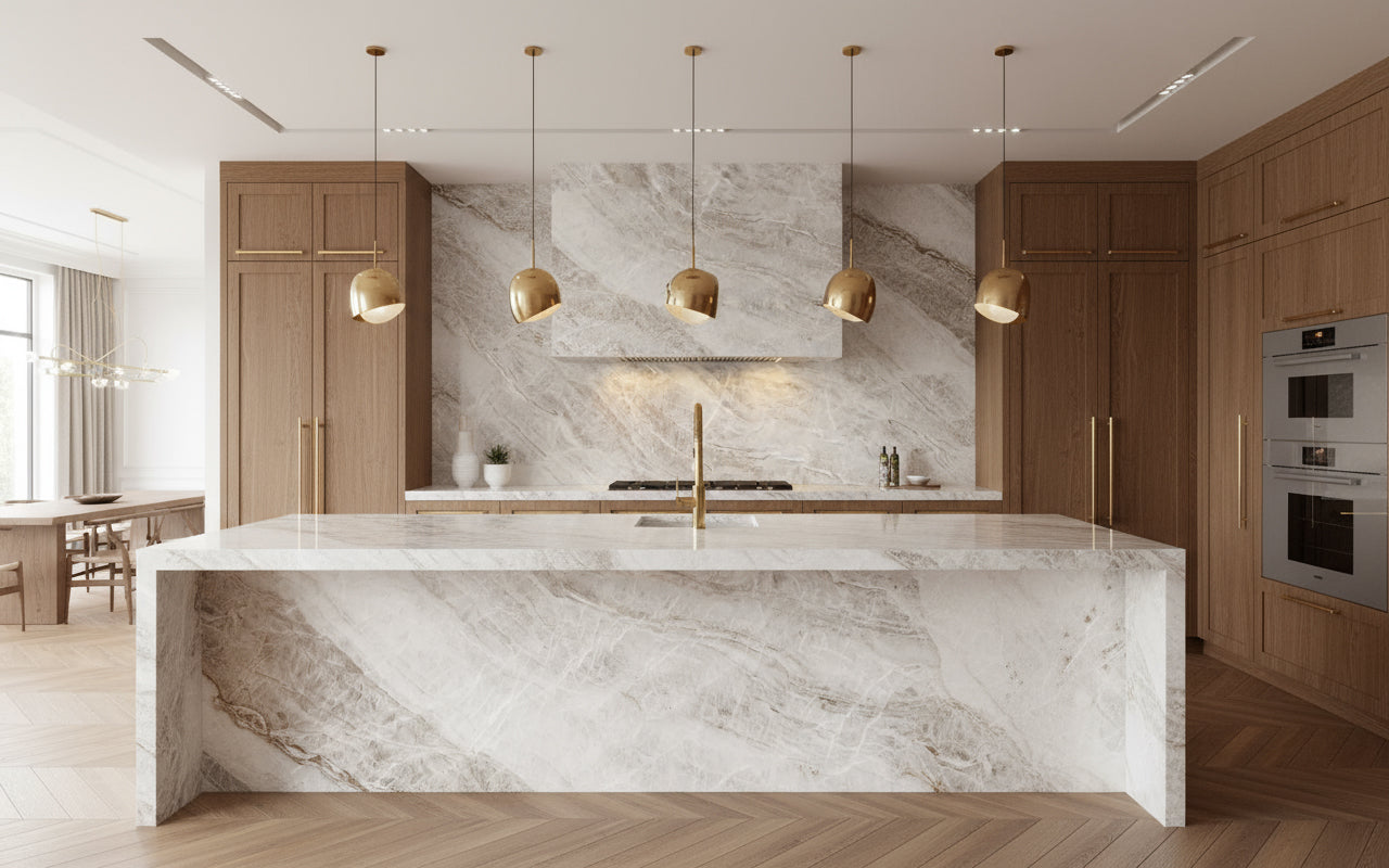 Taj Mahal Natural Stone Creamy White with Brown Taupe Veining Rectangular Natural Stone
