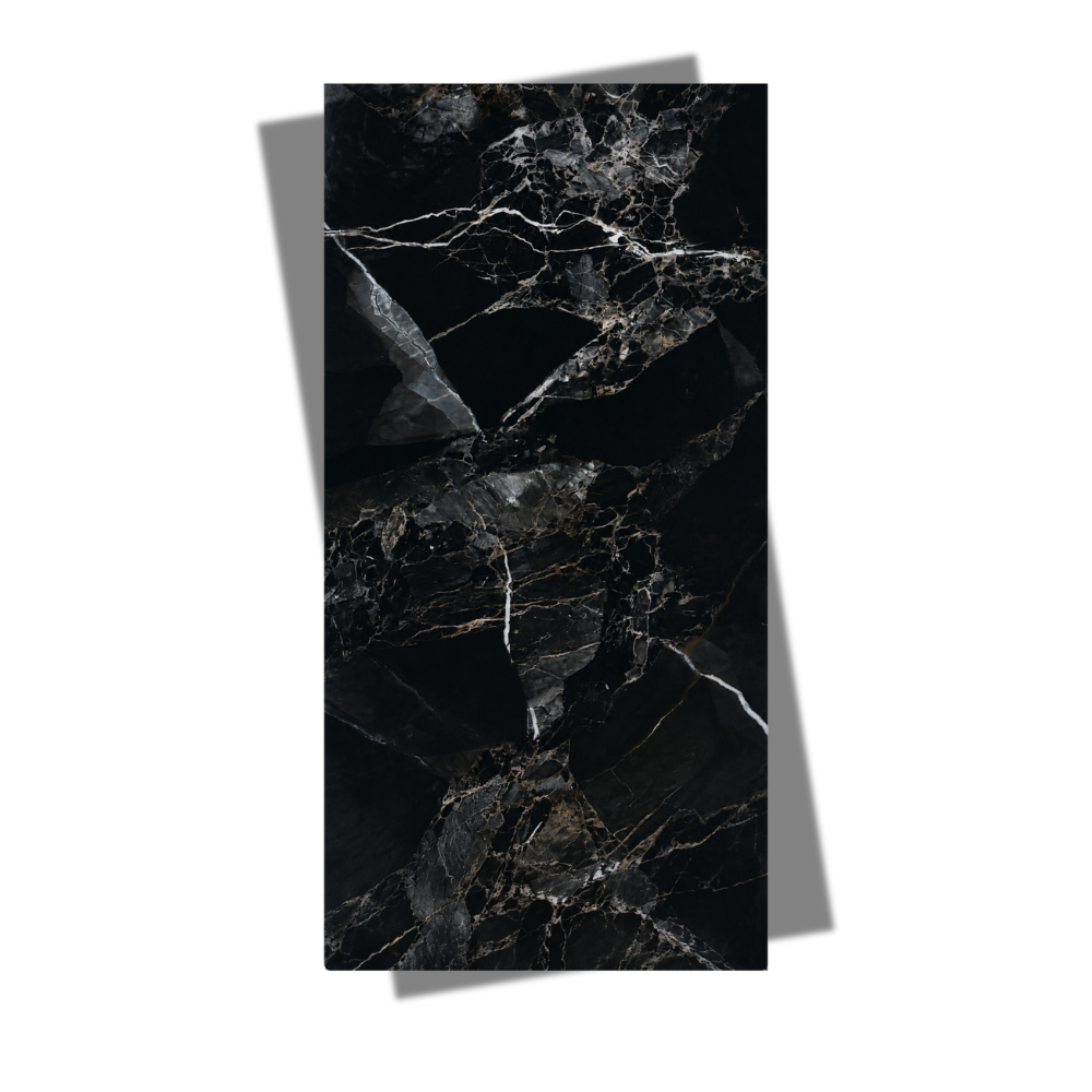 RT-397 Porcelain Tile Black Polish, Soft Matt Midnight Vein (marble-look, dark) Rectangular Tiles & Stone