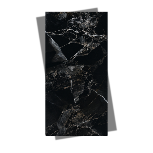 RT-397 Porcelain Tile Black Polish, Soft Matt Midnight Vein (marble-look, dark) Rectangular Tiles & Stone