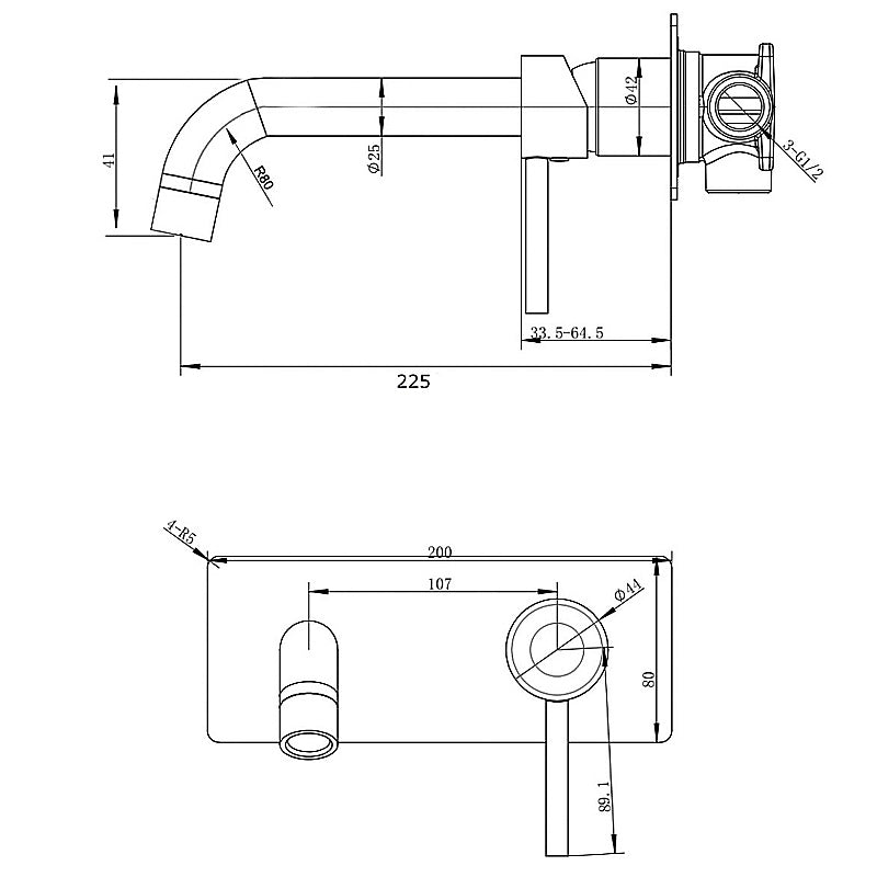 BUCP0144-2.BM-NB PIN Series Brushed Copper Wall Mixer with Spout Combination Trim Kit (match CLPS Sold Separately)