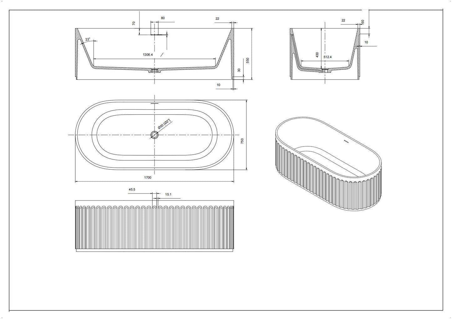 CABT1700MW Cascade Matte White Oval Free Standing Bathtub