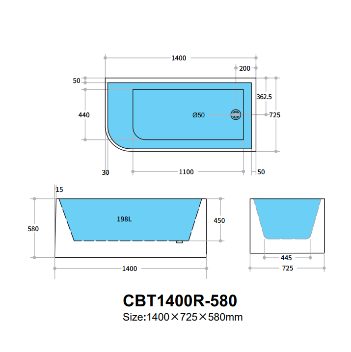 CBT1400R-580 Casey Gloss White Right Corner Back to Wall, Corner Bathtub