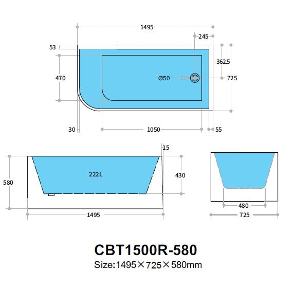 CBT1500RMW-580 Casey Matte White Right corner Back to Wall, Corner Bathtub
