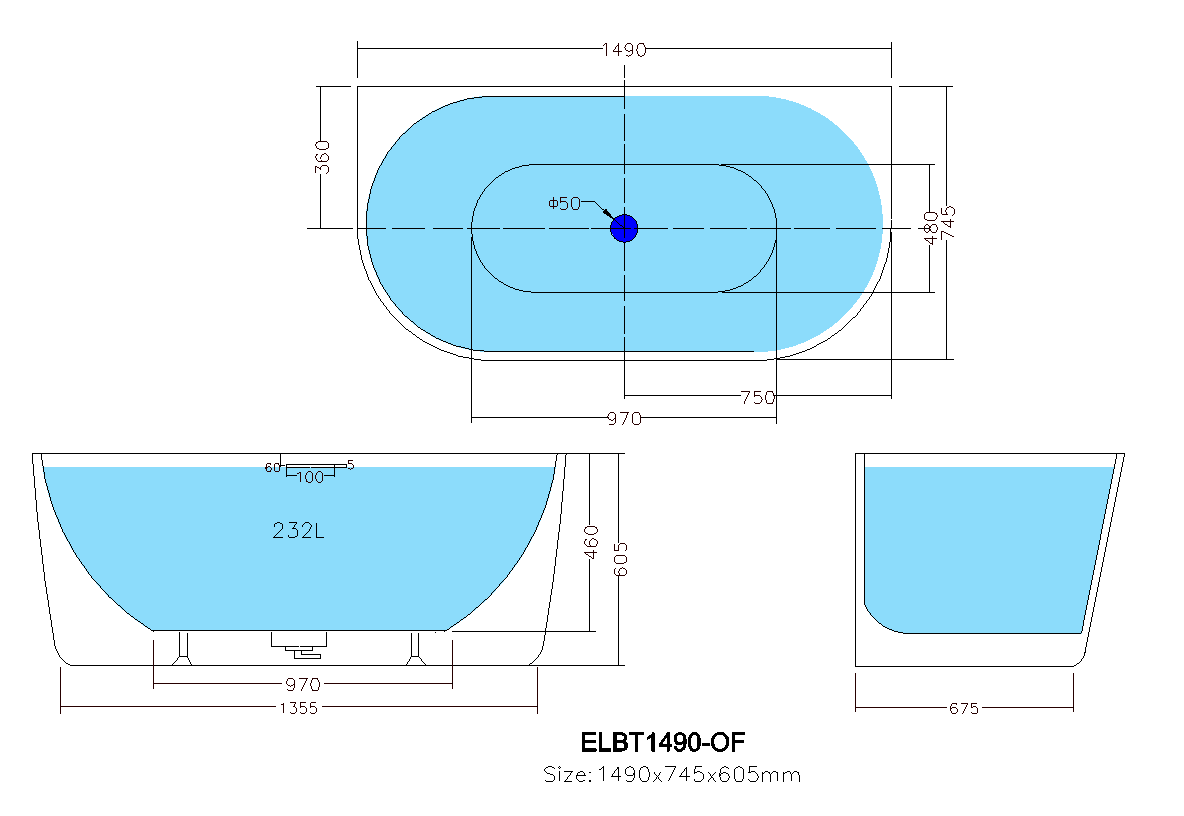 ELBT1490-OF Elivia Gloss White Back to Wall Bathtub