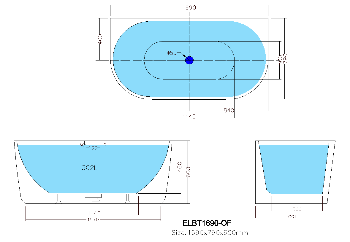 ELBT1690-OF Elivia Gloss White Back to Wall Bathtub