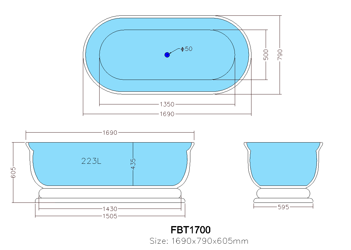 FBT1700 Fremantle Gloss White Oval Free Standing Bathtub