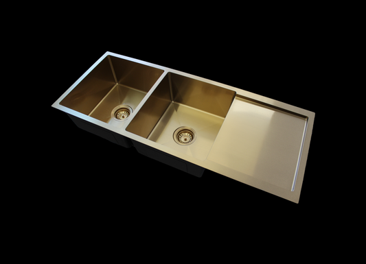HMDBD11145-GOLD Nano coating (golden color) Golden Rectangular, Double Bowls with Drainer, R10 round corners Overmount or Undermount Kitchen Sinks, Gold Color Sinks, Double Bowls with Drainer