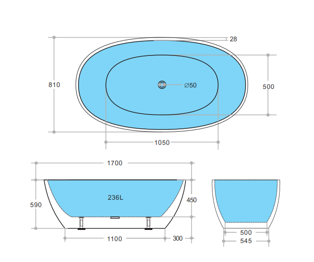 KBT-5-1700 Stella Gloss, Matte White, Black and White Oval Free Standing Bathtub