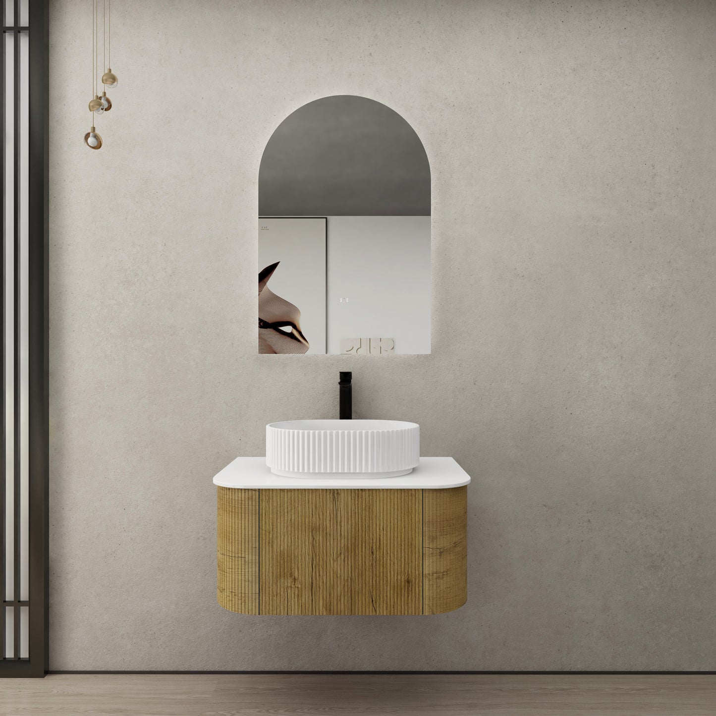 KC75W-PO Bronte Woodgrain Prime Oak Curved Wall Mounted Vanity